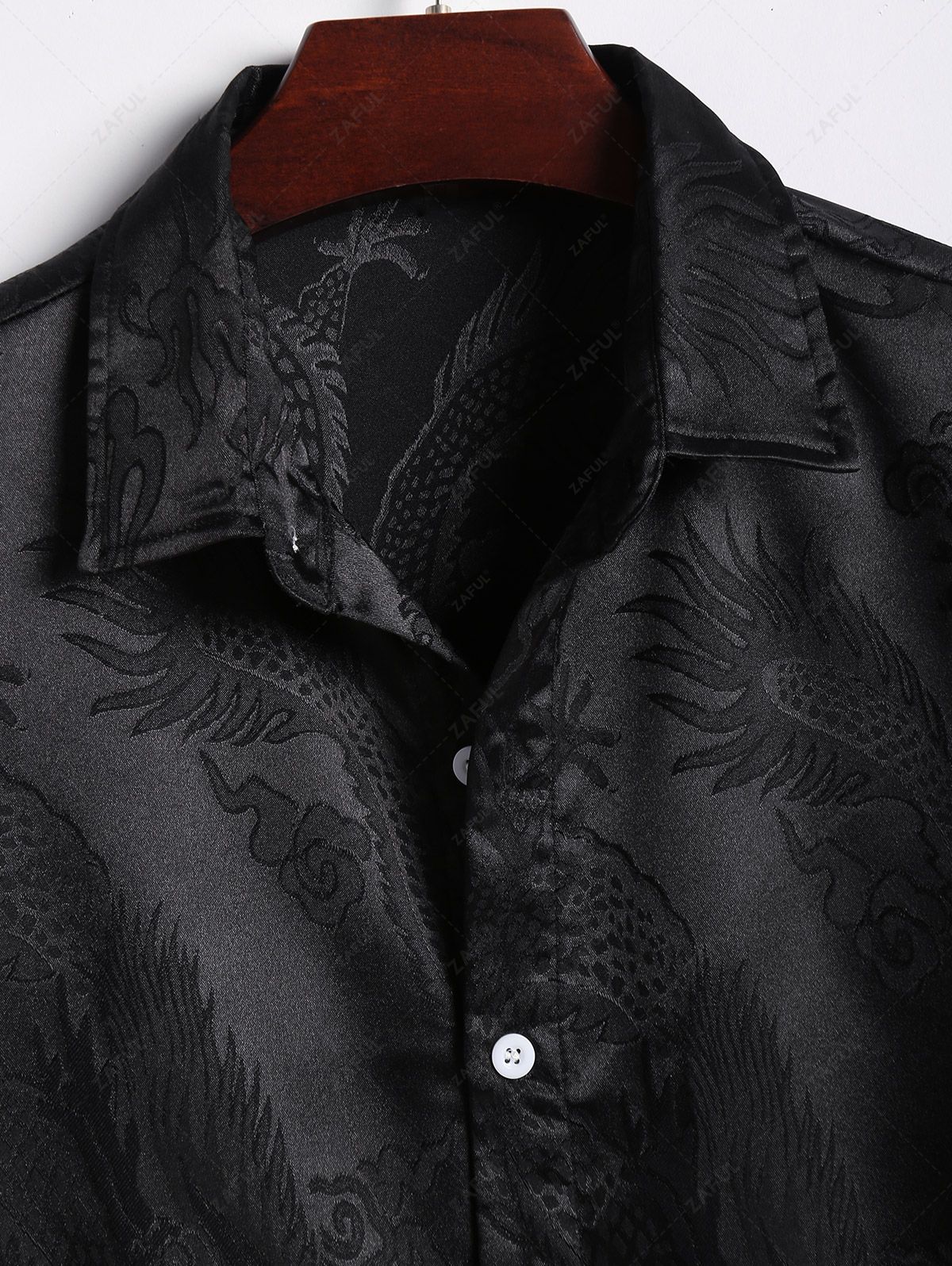 Men's Button Up Short Sleeves Oriental Dragon Jacquard Silky Satin Shirt Kosyway