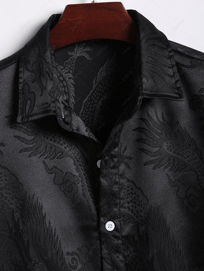 Men's Button Up Short Sleeves Oriental Dragon Jacquard Silky Satin Shirt