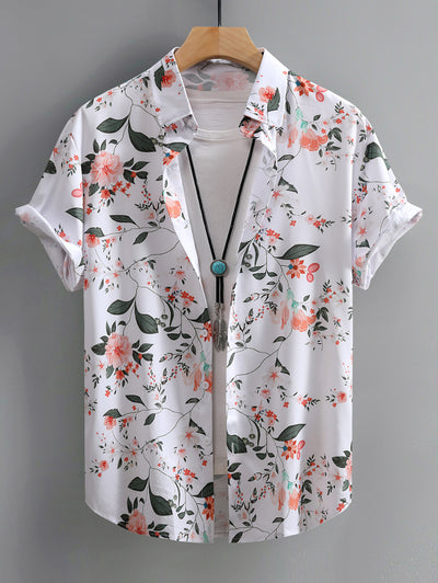 Men's Floral Leaves Printed Vacation Short Sleeves Shirt