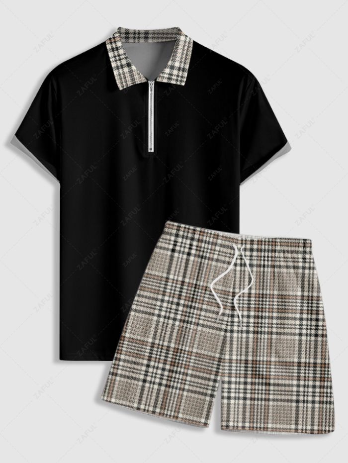 Men's Plaid Houndstooth Spliced Polo Collar Quarter Zip Short Sleeves T-shirt and Drawstring Casual Shorts Set Kosyway