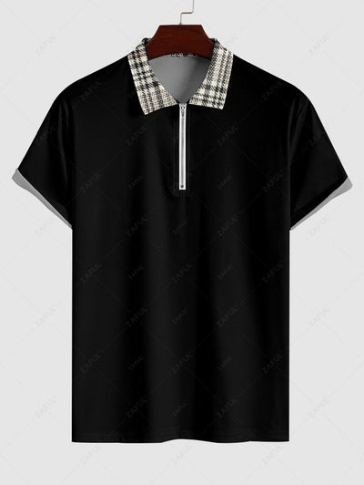 Men's Plaid Houndstooth Spliced Polo Collar Quarter Zip Short Sleeves T-shirt and Drawstring Casual Shorts Set