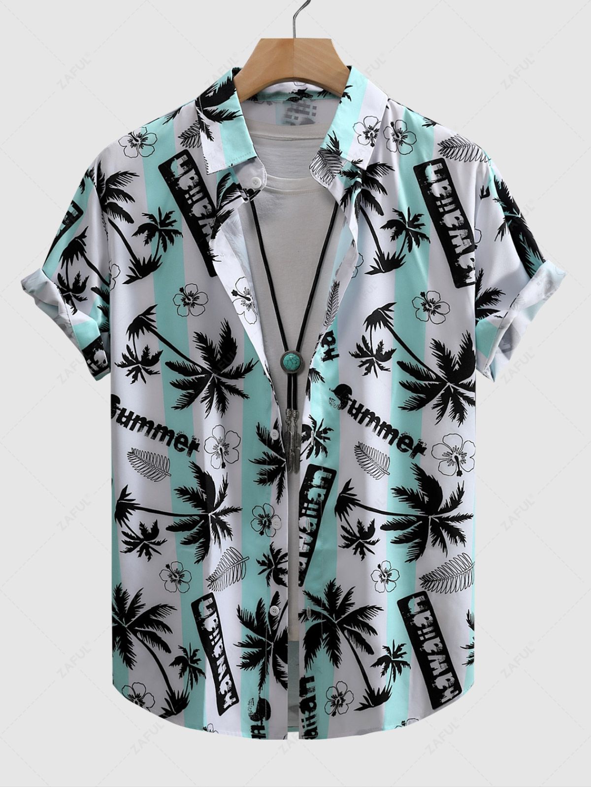 Men's Palm Tree Plant Leaves Floral Letter Printed Casual Vacation Short Sleeves Shirt Kosyway