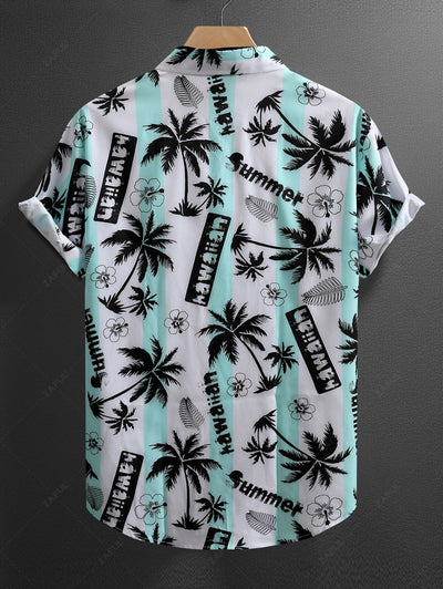 Men's Palm Tree Plant Leaves Floral Letter Printed Casual Vacation Short Sleeves Shirt Kosyway