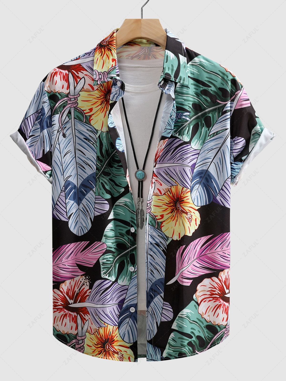 Men's Plant Leaves Floral Printed Casual Vacation Short Sleeves Shirt Kosyway