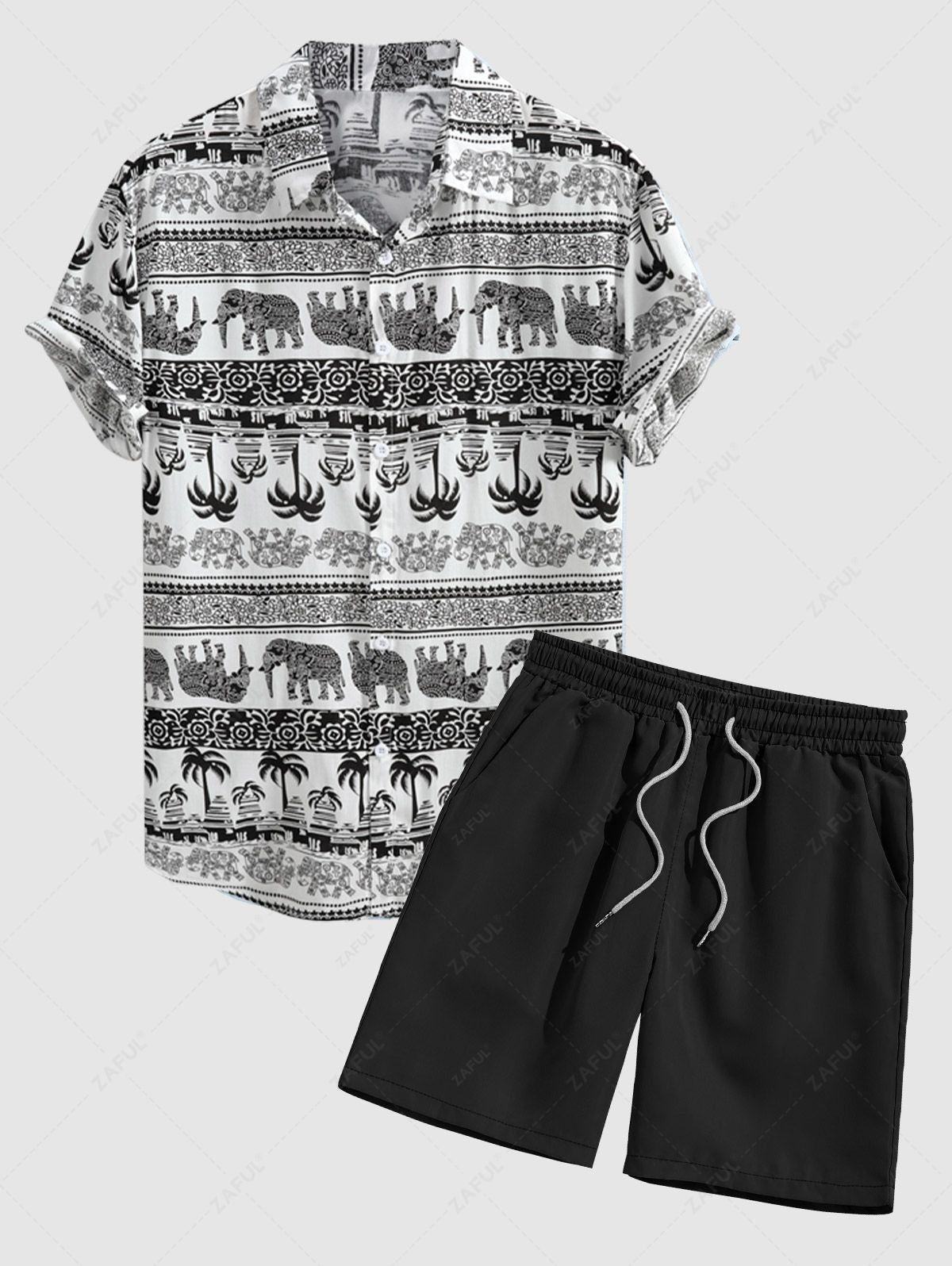 Men's Ethnic Palm Tree Elephants Printed Button Up Short Sleeves Shirt and Drawstring Casual Shorts Set