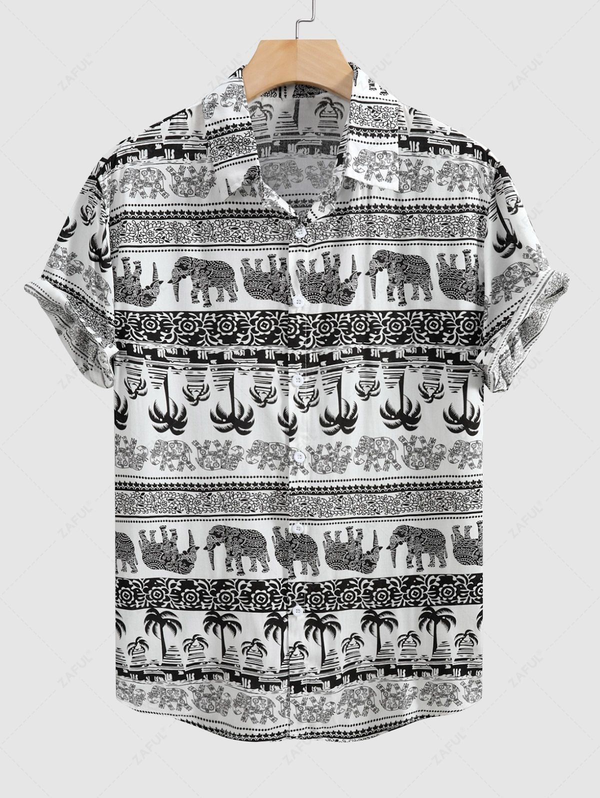 Men's Ethnic Palm Tree Elephants Printed Button Up Short Sleeves Shirt and Drawstring Casual Shorts Set