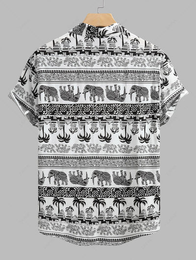 Men's Ethnic Palm Tree Elephants Printed Button Up Short Sleeves Shirt and Drawstring Casual Shorts Set