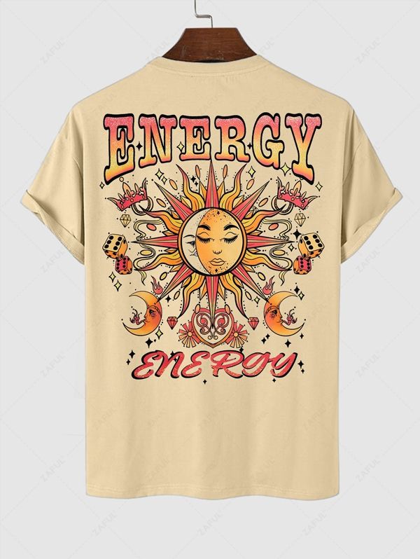 Men's ENERGY Letter Sun Moon Graphic Printed Short Sleeves T-shirt