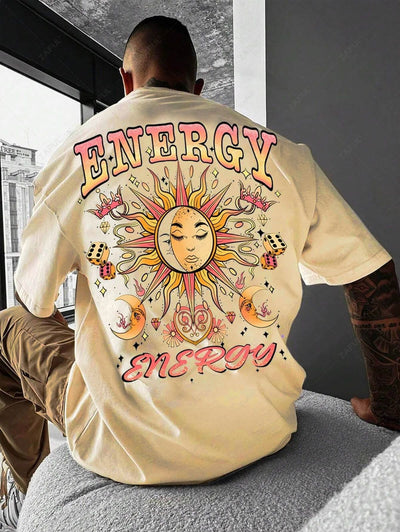 Men's ENERGY Letter Sun Moon Graphic Printed Short Sleeves T-shirt Kosyway