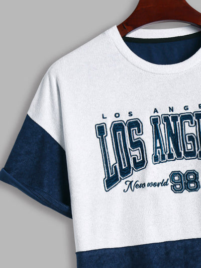 Men's LOS ANGELES Letter Embroidered Colorblock Terry Cloth Toweling Short Sleeves T-shirt