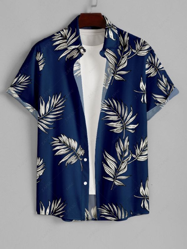 Men's Plant Leaves Printed Button Up Casual Vacation Short Sleeves Shirt