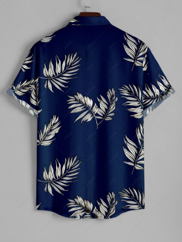 Men's Plant Leaves Printed Button Up Casual Vacation Short Sleeves Shirt