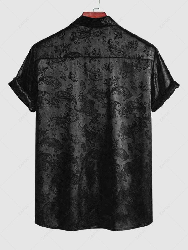 Men's Button Up Short Sleeves Paisley Jacquard Silky Satin Shirt