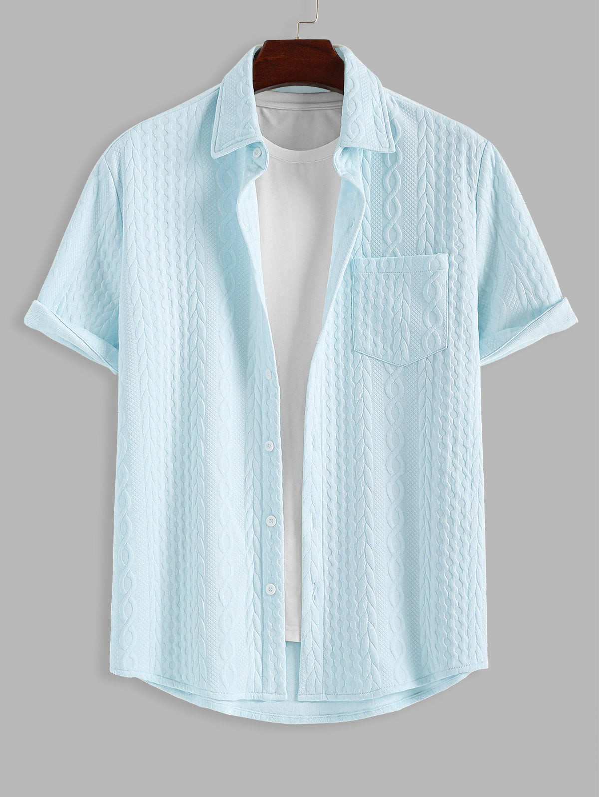 Men's Solid Color Button Up Front Pocket Cable Textured Short Sleeves Shirt