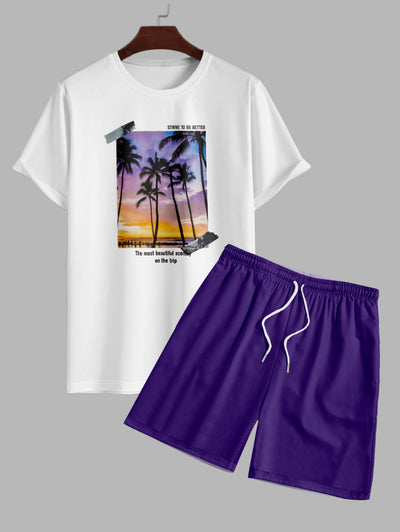 Men's Palm Tree Letter Graphic Printed Short Sleeves Vacation T-shirt and Drawstring Casual Shorts Set Kosyway