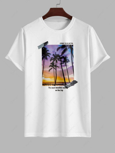 Men's Palm Tree Letter Graphic Printed Short Sleeves Vacation T-shirt and Drawstring Casual Shorts Set