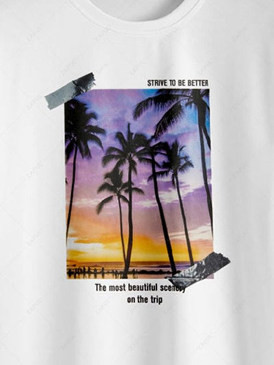 Men's Palm Tree Letter Graphic Printed Short Sleeves Vacation T-shirt and Drawstring Casual Shorts Set Kosyway