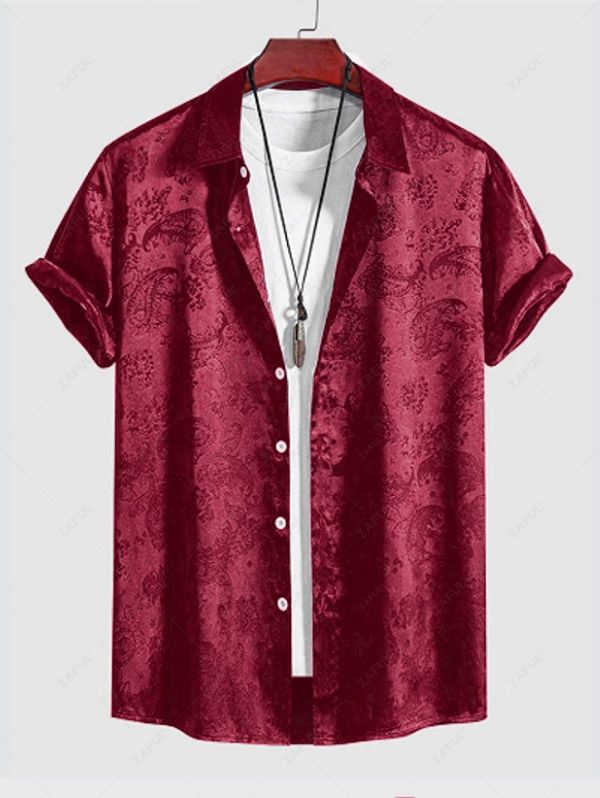 Men's Button Up Short Sleeves Paisley Jacquard Silky Satin Shirt