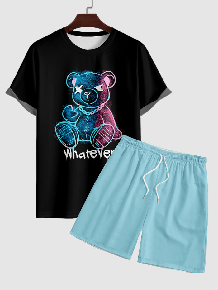 Men's Whatever Letter Cartoon Bear Graphic Printed Short Sleeves T-shirt and Drawstring Casual Shorts Set