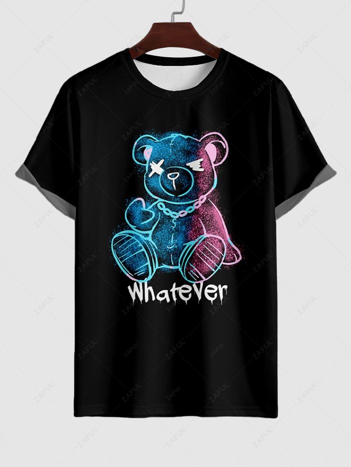 Men's Whatever Letter Cartoon Bear Graphic Printed Short Sleeves T-shirt and Drawstring Casual Shorts Set Kosyway