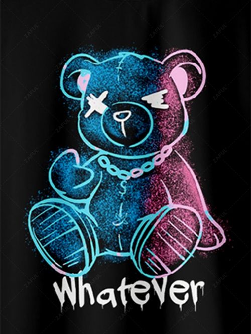 Men's Whatever Letter Cartoon Bear Graphic Printed Short Sleeves T-shirt and Drawstring Casual Shorts Set Kosyway