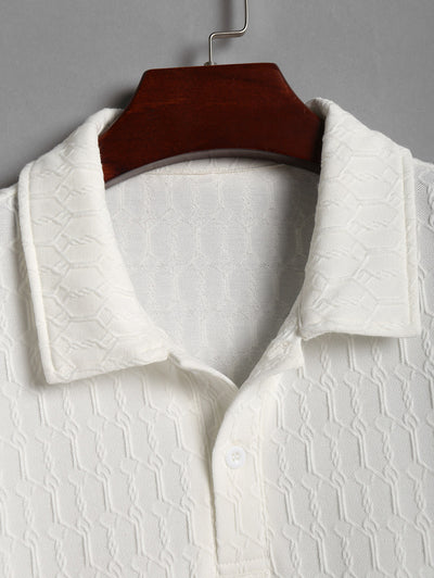 Men's Polo Collar Half Buttoned Cable Knit Geometric Jacquard Textured Short Sleeves T-shirt