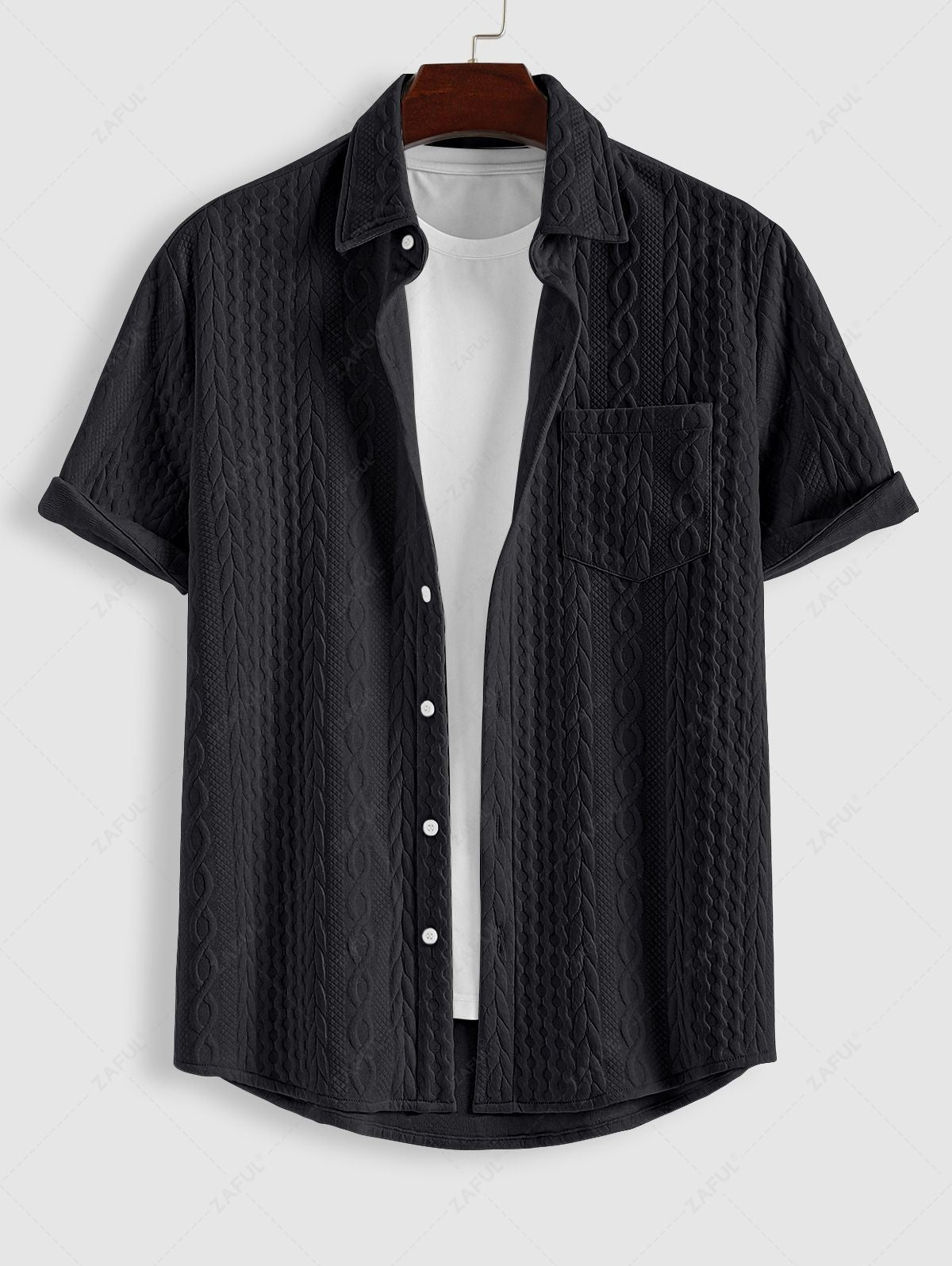 Men's Solid Color Button Up Front Pocket Cable Textured Short Sleeves Shirt