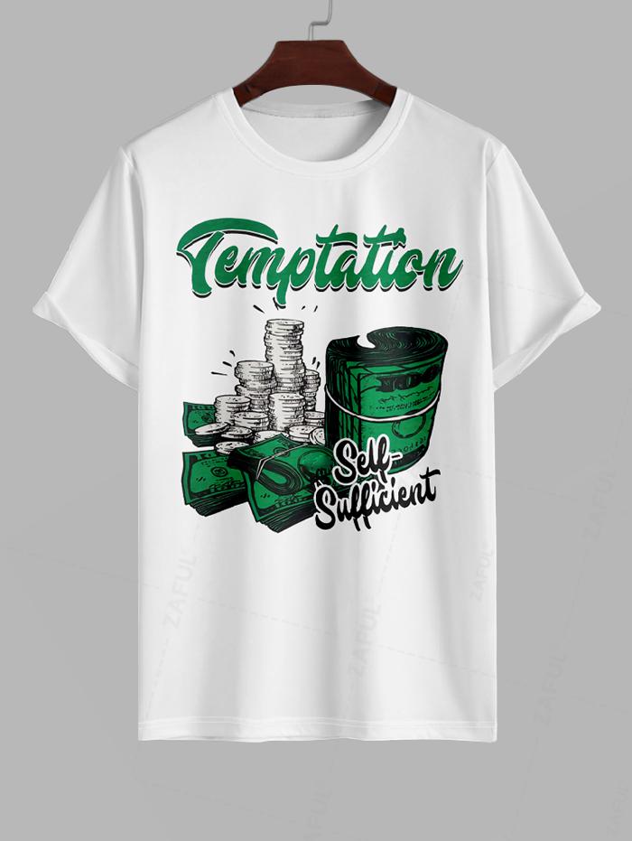 Men's Temptation Letter Money Graphic Printed Short Sleeves T-shirt and Drawstring Casual Shorts Set