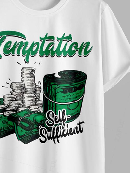 Men's Temptation Letter Money Graphic Printed Short Sleeves T-shirt and Drawstring Casual Shorts Set Kosyway