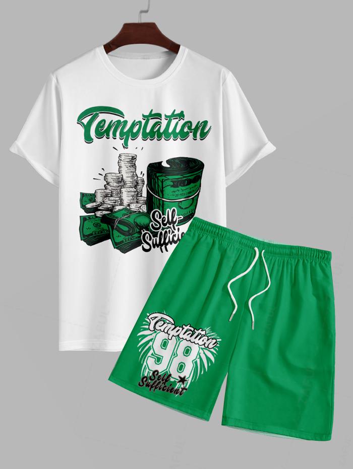 Men's Temptation Letter Money Graphic Printed Short Sleeves T-shirt and Drawstring Casual Shorts Set