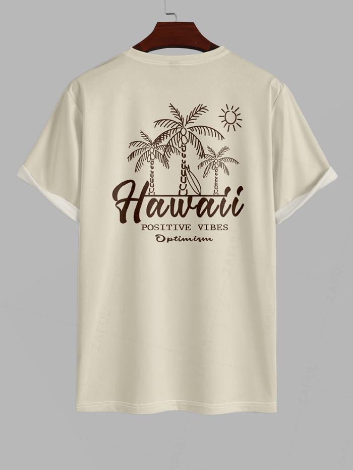 Men's Sun Coconut Tree Letter Printed Hawaii Short Sleeves T-shirt and Drawstring Casual Shorts Set