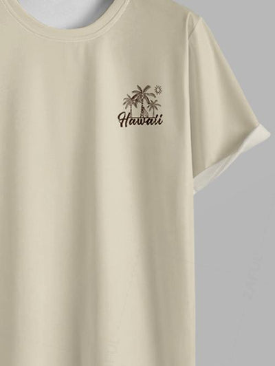 Men's Sun Coconut Tree Letter Printed Hawaii Short Sleeves T-shirt and Drawstring Casual Shorts Set