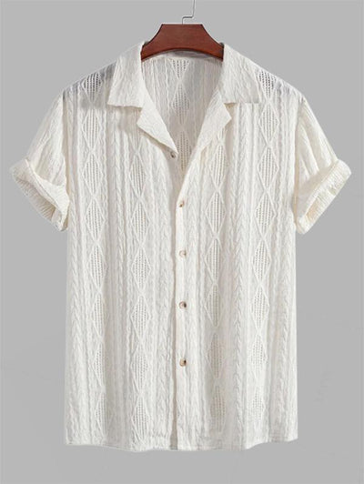 Men's Camp Collar Button Up Geometric Jacquard Openwork Short Sleeves Shirt