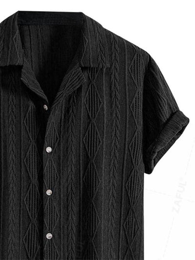 Men's Camp Collar Button Up Geometric Jacquard Openwork Short Sleeves Shirt