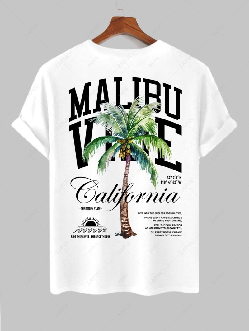 Men's Coconut Tree Sunrise California Letter Printed Short Sleeves T-shirt