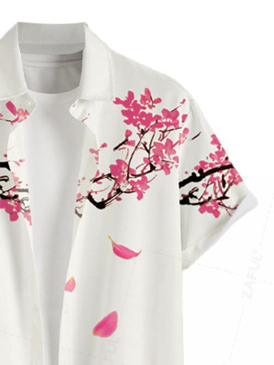 Men's Vacation Floral Plum Blossom Printed Button Up Short Sleeves Shirt