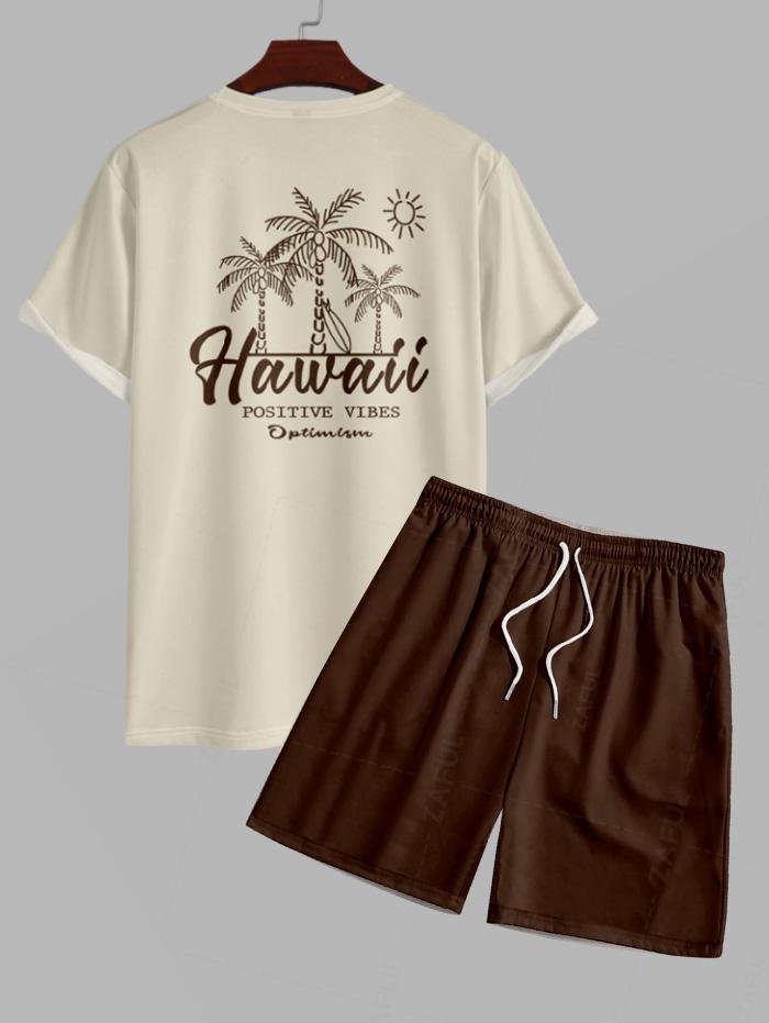 Men's Sun Coconut Tree Letter Printed Hawaii Short Sleeves T-shirt and Drawstring Casual Shorts Set