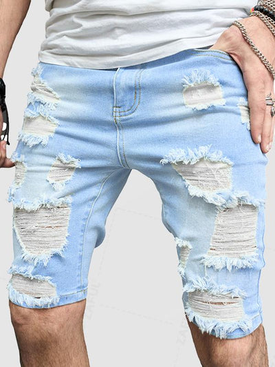 Men's Zipper Fly Frayed Distressed Denim Jean Shorts Kosyway