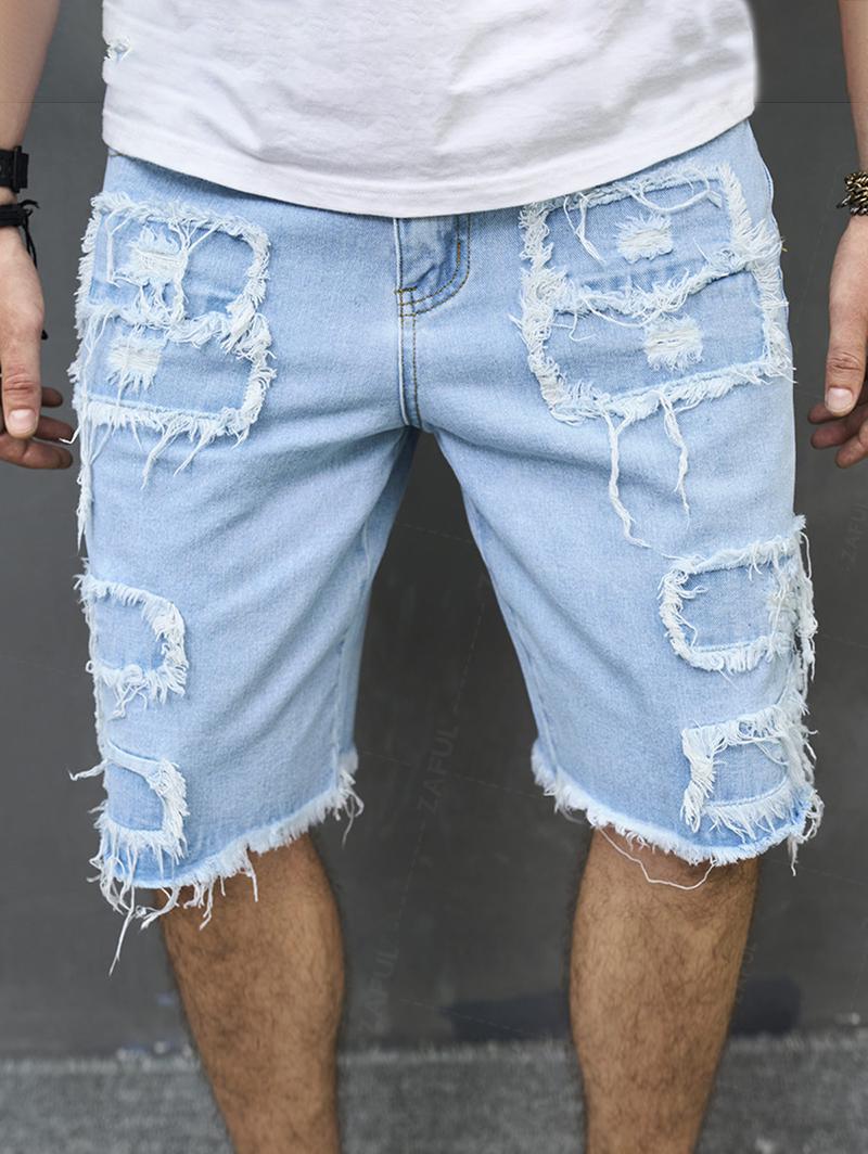 Men's Destoryed Ripped Distressed Frayed Denim Shorts Kosyway