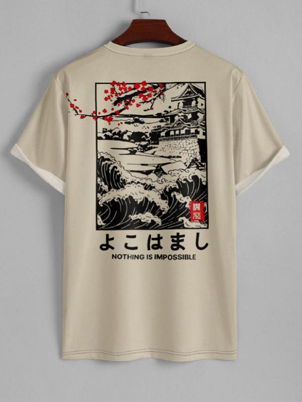 Men's Plum Blossom Japanese Letter Graphic Printed Short Sleeves T-shirt Kosyway