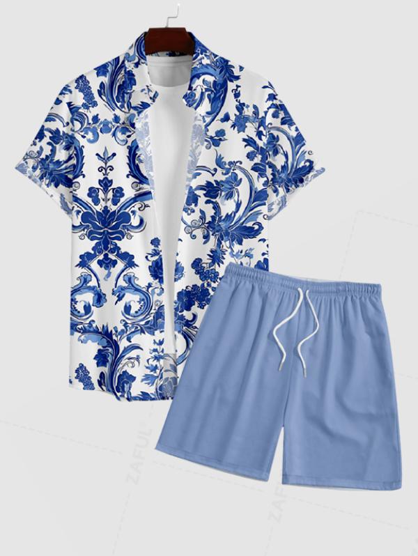 Men's Floral Printed Button Up Casual Short Sleeves T-Shirt and Drawstring Shorts Set Kosyway