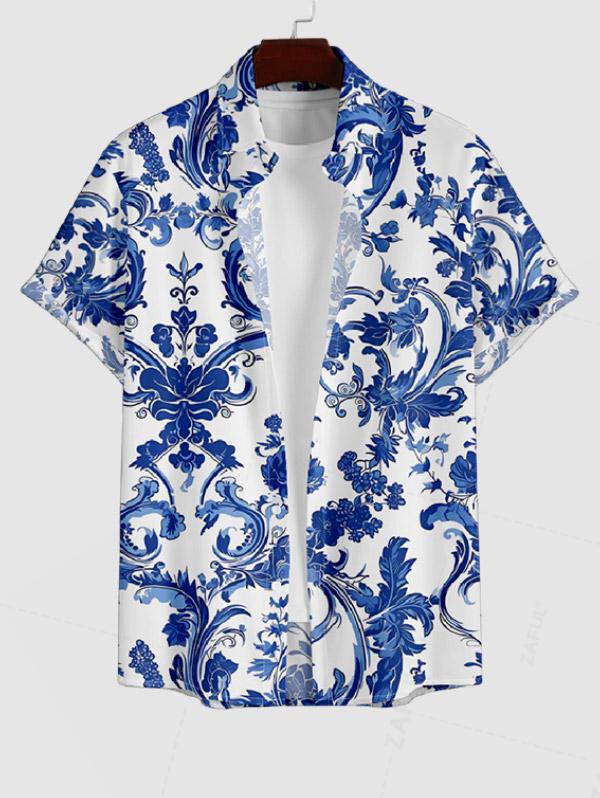 Men's Floral Printed Button Up Casual Short Sleeves T-Shirt and Drawstring Shorts Set