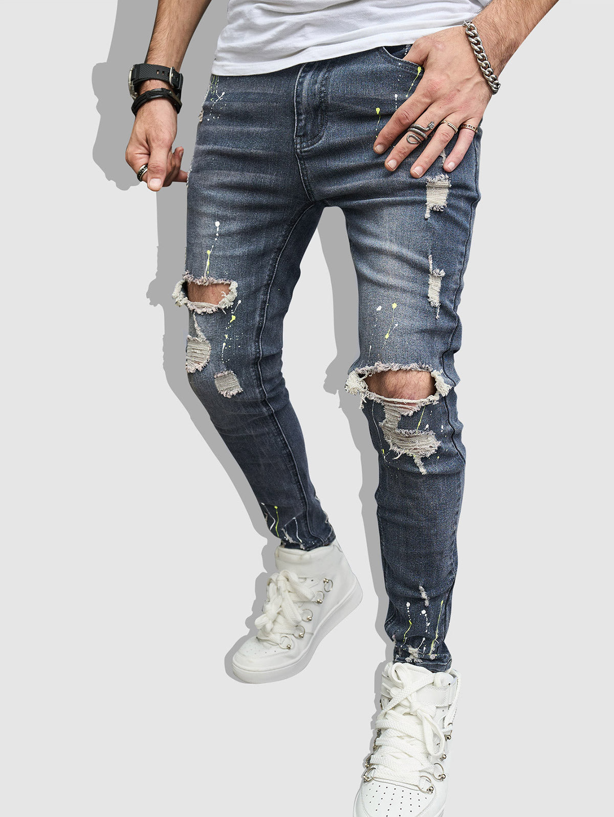 Men's Splatter Paint Pattern Destroyed Design Jeans