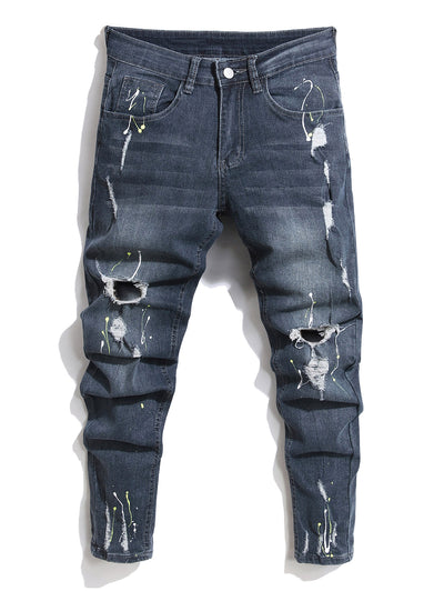 Men's Splatter Paint Pattern Destroyed Design Jeans