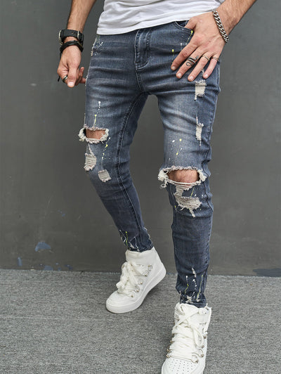 Men's Splatter Paint Pattern Destroyed Design Jeans