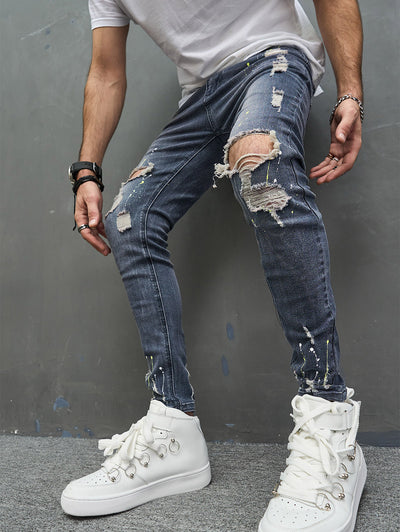 Men's Splatter Paint Pattern Destroyed Design Jeans