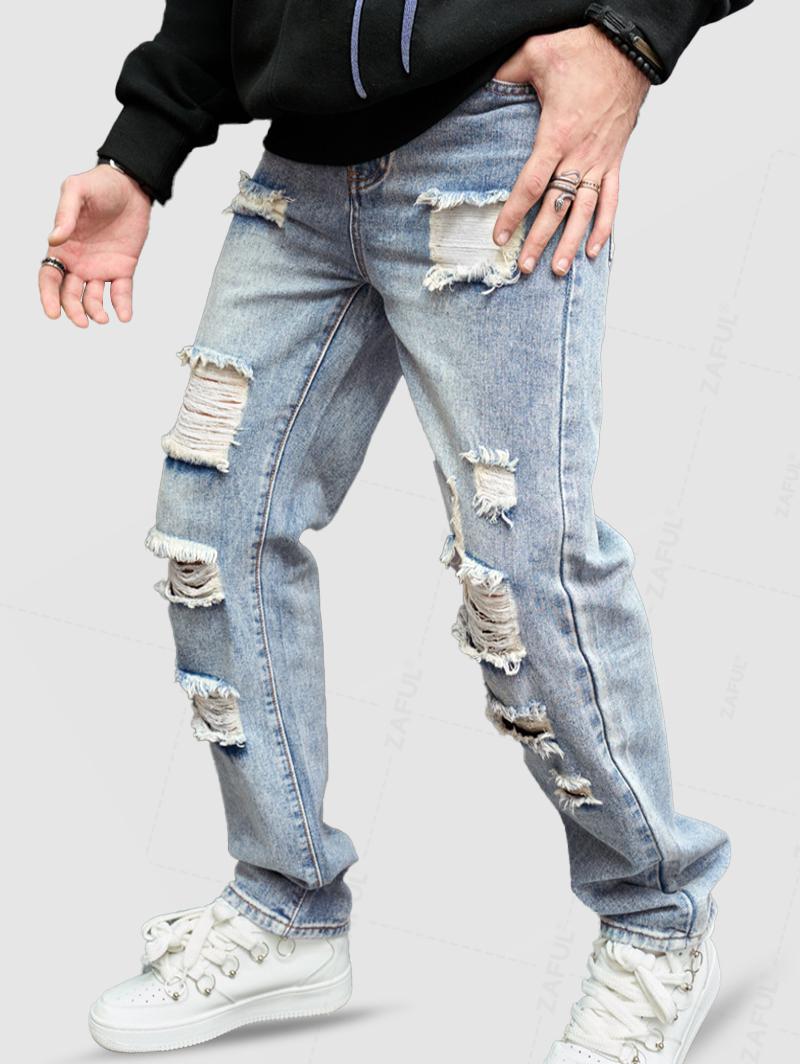 Men's Distressed Design Zip Fly Jeans