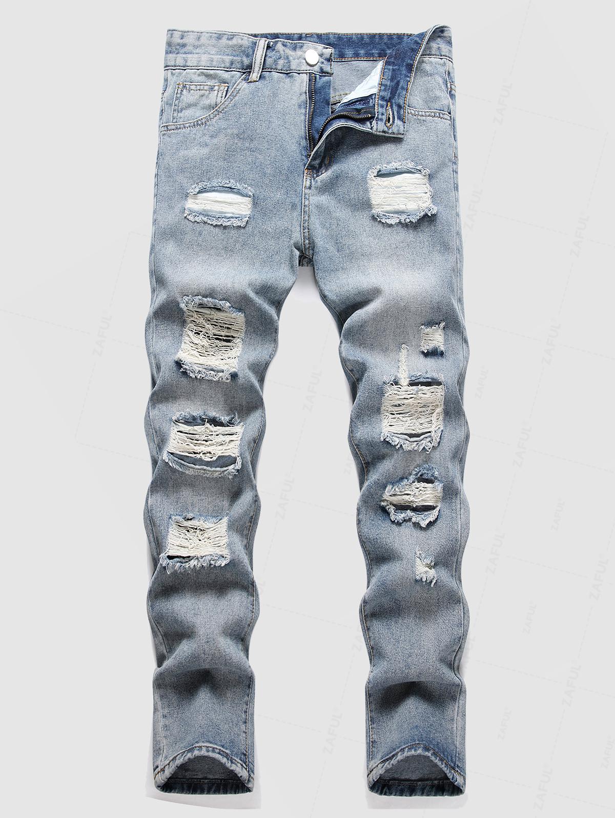 Men's Distressed Design Zip Fly Jeans