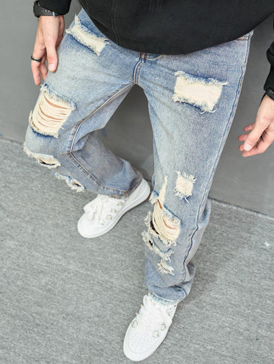 Men's Distressed Design Zip Fly Jeans