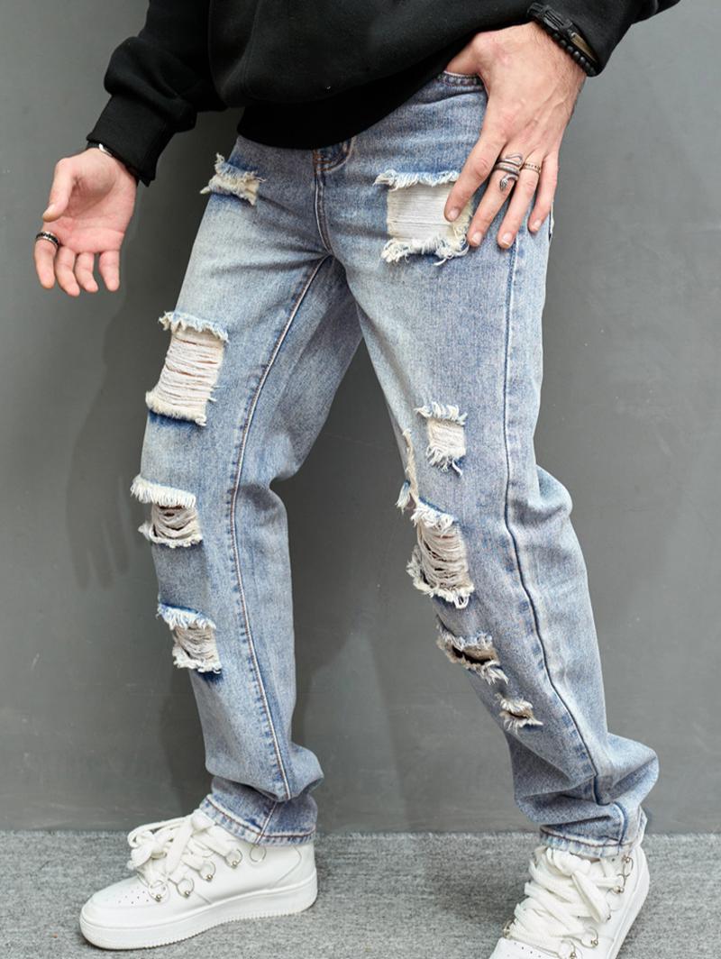 Men's Distressed Design Zip Fly Jeans